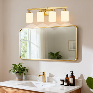English Elm 4-Light Brushed Brass Vanity Wall Sconce Frosted Cylinder Shades for Modern Bathrooms Gold W5735P535365