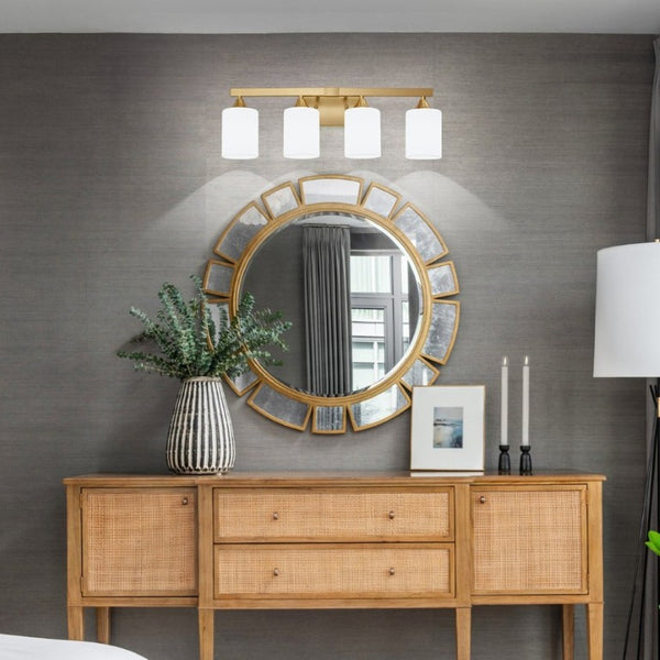 English Elm 4-Light Brushed Brass Vanity Wall Sconce Frosted Cylinder Shades for Modern Bathrooms Gold W5735P535365