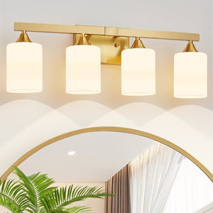 English Elm 4-Light Brushed Brass Vanity Wall Sconce Frosted Cylinder Shades for Modern Bathrooms Gold W5735P535365