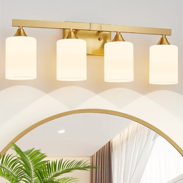 English Elm 4-Light Brushed Brass Vanity Wall Sconce Frosted Cylinder Shades for Modern Bathrooms Gold W5735P535365