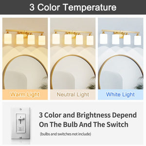 English Elm 4-Light Brushed Brass Vanity Wall Sconce Frosted Cylinder Shades for Modern Bathrooms Gold W5735P535365