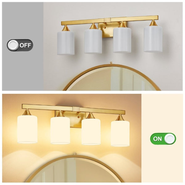 English Elm 4-Light Brushed Brass Vanity Wall Sconce Frosted Cylinder Shades for Modern Bathrooms Gold W5735P535365