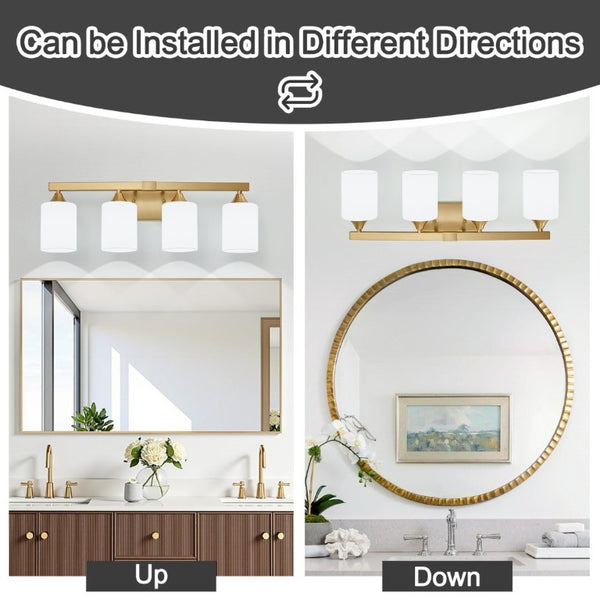 English Elm 4-Light Brushed Brass Vanity Wall Sconce Frosted Cylinder Shades for Modern Bathrooms Gold W5735P535365