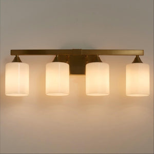 English Elm 4-Light Brushed Brass Vanity Wall Sconce Frosted Cylinder Shades for Modern Bathrooms Gold W5735P535365