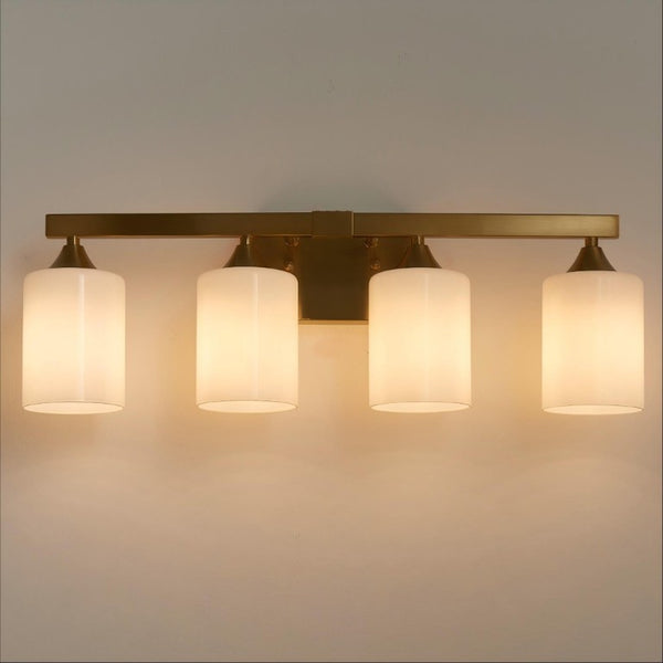 English Elm 4-Light Brushed Brass Vanity Wall Sconce Frosted Cylinder Shades for Modern Bathrooms Gold W5735P535365