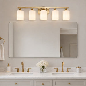 English Elm 5-Light Brushed Brass Vanity Fixture Frosted Cylinder Shades for Bathroom Mirror Wall Gold W5735P535366