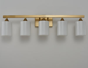 English Elm 5-Light Brushed Brass Vanity Fixture Frosted Cylinder Shades for Bathroom Mirror Wall Gold W5735P535366