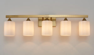 English Elm 5-Light Brushed Brass Vanity Fixture Frosted Cylinder Shades for Bathroom Mirror Wall Gold W5735P535366