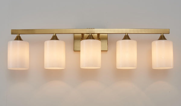 English Elm 5-Light Brushed Brass Vanity Fixture Frosted Cylinder Shades for Bathroom Mirror Wall Gold W5735P535366