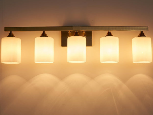 English Elm 5-Light Brushed Brass Vanity Fixture Frosted Cylinder Shades for Bathroom Mirror Wall Gold W5735P535366