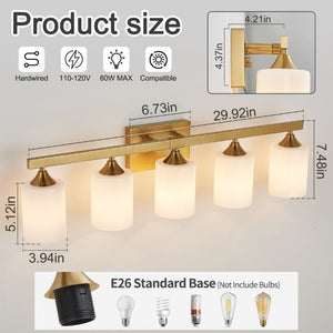 English Elm 5-Light Brushed Brass Vanity Fixture Frosted Cylinder Shades for Bathroom Mirror Wall Gold W5735P535366