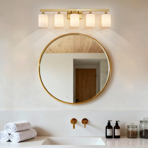 English Elm 5-Light Brushed Brass Vanity Fixture Frosted Cylinder Shades for Bathroom Mirror Wall Gold W5735P535366