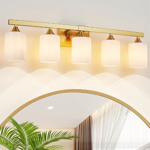 English Elm 5-Light Brushed Brass Vanity Fixture Frosted Cylinder Shades for Bathroom Mirror Wall Gold W5735P535366