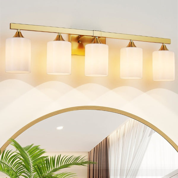 English Elm 5-Light Brushed Brass Vanity Fixture Frosted Cylinder Shades for Bathroom Mirror Wall Gold W5735P535366