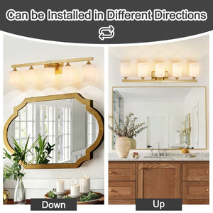 English Elm 5-Light Brushed Brass Vanity Fixture Frosted Cylinder Shades for Bathroom Mirror Wall Gold W5735P535366
