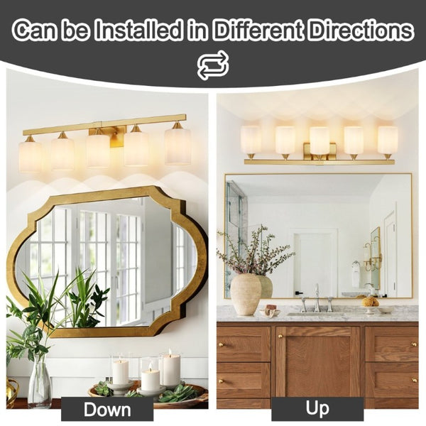 English Elm 5-Light Brushed Brass Vanity Fixture Frosted Cylinder Shades for Bathroom Mirror Wall Gold W5735P535366
