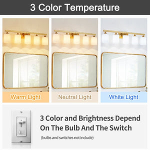 English Elm 5-Light Brushed Brass Vanity Fixture Frosted Cylinder Shades for Bathroom Mirror Wall Gold W5735P535366