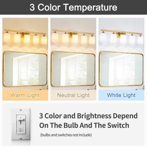 English Elm 5-Light Brushed Brass Vanity Fixture Frosted Cylinder Shades for Bathroom Mirror Wall Gold W5735P535366
