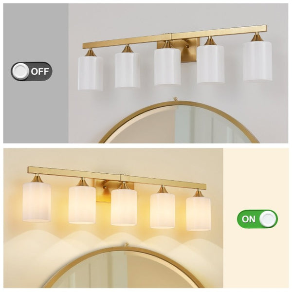 English Elm 5-Light Brushed Brass Vanity Fixture Frosted Cylinder Shades for Bathroom Mirror Wall Gold W5735P535366