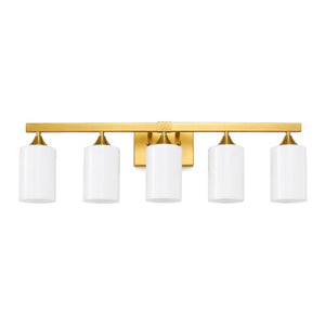 English Elm 5-Light Brushed Brass Vanity Fixture Frosted Cylinder Shades for Bathroom Mirror Wall Gold W5735P535366
