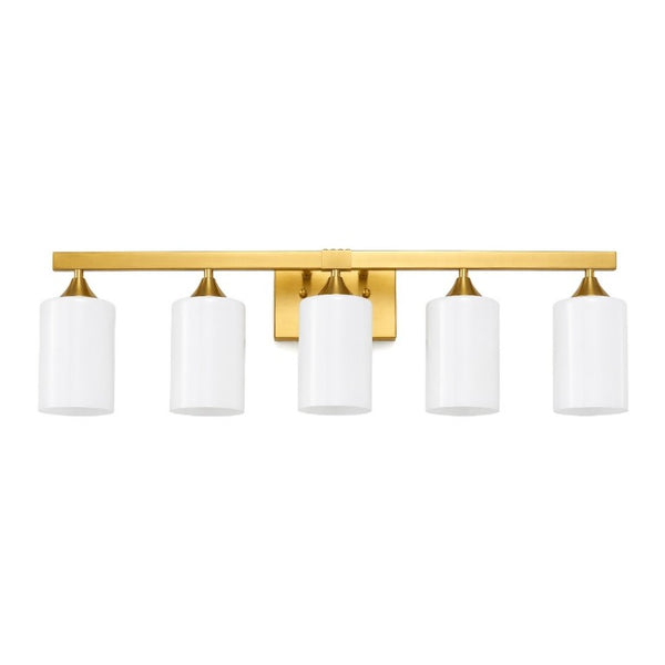 English Elm 5-Light Brushed Brass Vanity Fixture Frosted Cylinder Shades for Bathroom Mirror Wall Gold W5735P535366