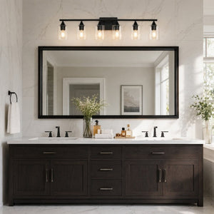 English Elm 6-Light Matte Black Vanity Bar with Cylinder Glass Shades for Wide Bathroom Mirrors W5735P535369