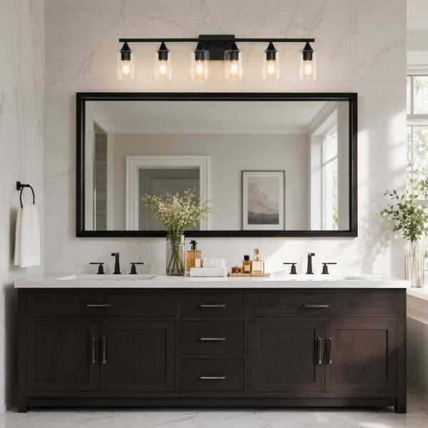 English Elm 6-Light Matte Black Vanity Bar with Cylinder Glass Shades for Wide Bathroom Mirrors W5735P535369