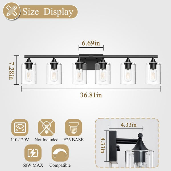 English Elm 6-Light Matte Black Vanity Bar with Cylinder Glass Shades for Wide Bathroom Mirrors W5735P535369