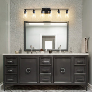 English Elm 6-Light Matte Black Vanity Bar with Cylinder Glass Shades for Wide Bathroom Mirrors W5735P535369