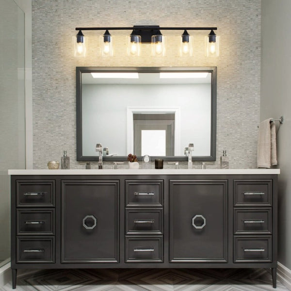 English Elm 6-Light Matte Black Vanity Bar with Cylinder Glass Shades for Wide Bathroom Mirrors W5735P535369