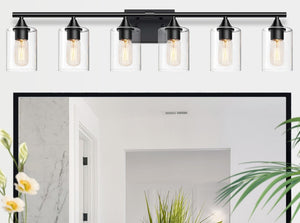 English Elm 6-Light Matte Black Vanity Bar with Cylinder Glass Shades for Wide Bathroom Mirrors W5735P535369
