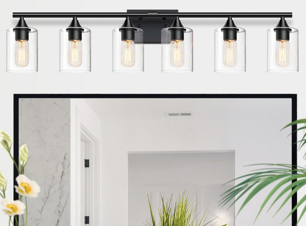 English Elm 6-Light Matte Black Vanity Bar with Cylinder Glass Shades for Wide Bathroom Mirrors W5735P535369