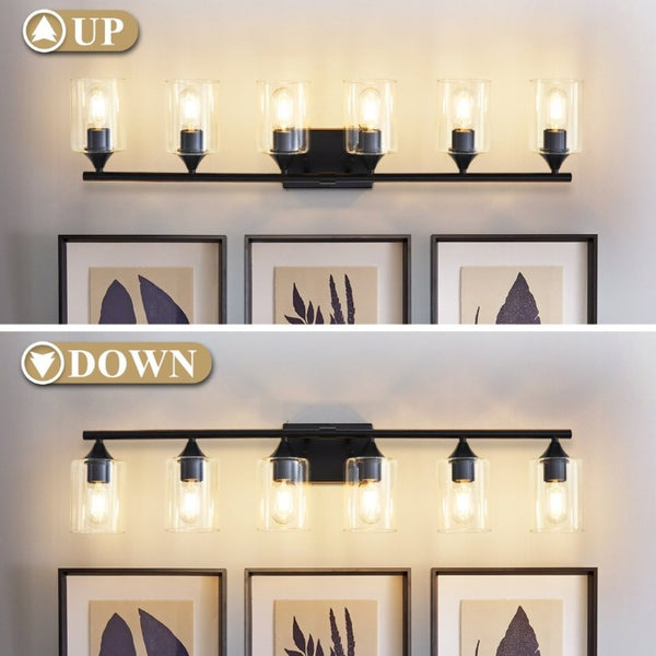 English Elm 6-Light Matte Black Vanity Bar with Cylinder Glass Shades for Wide Bathroom Mirrors W5735P535369