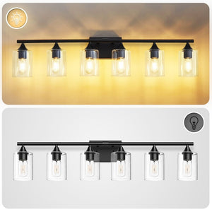English Elm 6-Light Matte Black Vanity Bar with Cylinder Glass Shades for Wide Bathroom Mirrors W5735P535369