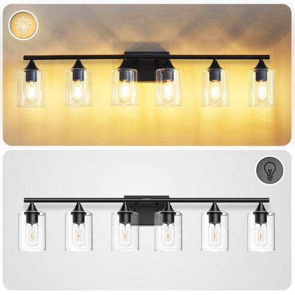 English Elm 6-Light Matte Black Vanity Bar with Cylinder Glass Shades for Wide Bathroom Mirrors W5735P535369