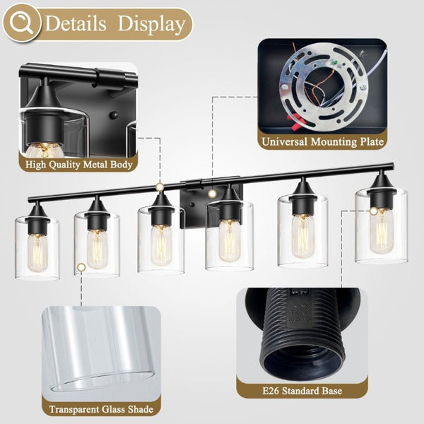 English Elm 6-Light Matte Black Vanity Bar with Cylinder Glass Shades for Wide Bathroom Mirrors W5735P535369