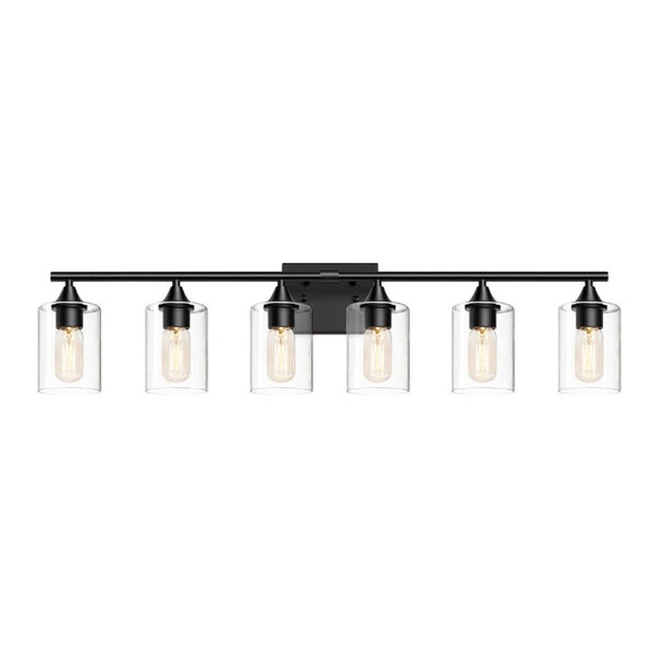 English Elm 6-Light Matte Black Vanity Bar with Cylinder Glass Shades for Wide Bathroom Mirrors W5735P535369