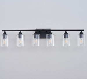 English Elm 6-Light Matte Black Vanity Bar with Cylinder Glass Shades for Wide Bathroom Mirrors W5735P535369