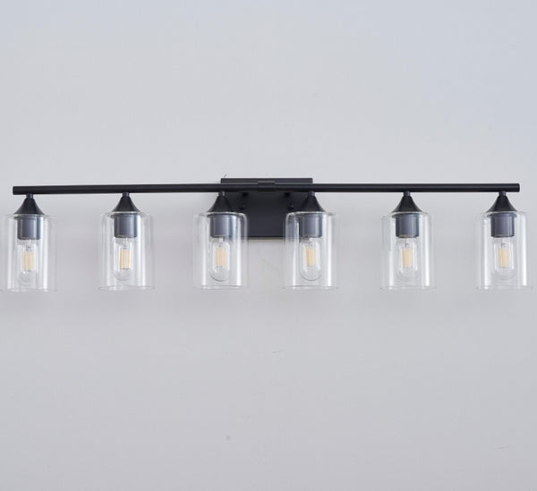 English Elm 6-Light Matte Black Vanity Bar with Cylinder Glass Shades for Wide Bathroom Mirrors W5735P535369