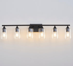 English Elm 6-Light Matte Black Vanity Bar with Cylinder Glass Shades for Wide Bathroom Mirrors W5735P535369