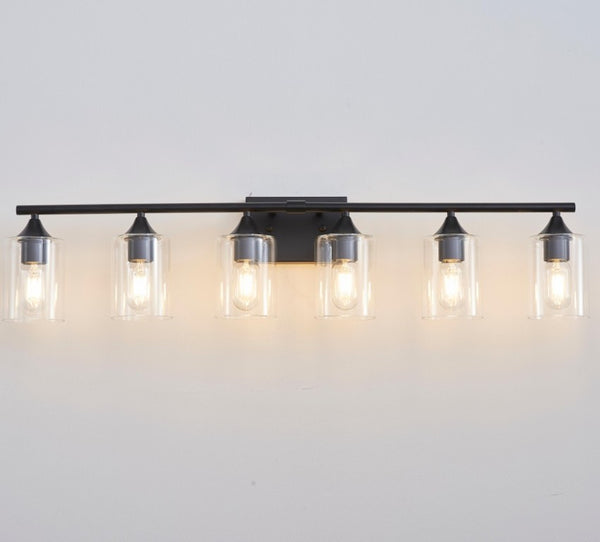 English Elm 6-Light Matte Black Vanity Bar with Cylinder Glass Shades for Wide Bathroom Mirrors W5735P535369