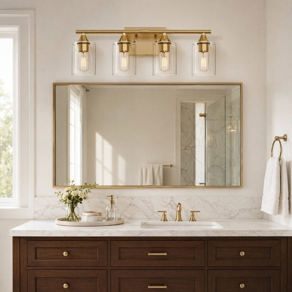 English Elm 4-Light Brushed Nickel Vanity Bar with Clear Cylindrical Shades for Modern Bathrooms Gold W5735P535371