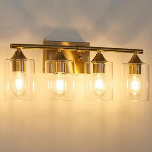 English Elm 4-Light Brushed Nickel Vanity Bar with Clear Cylindrical Shades for Modern Bathrooms Gold W5735P535371