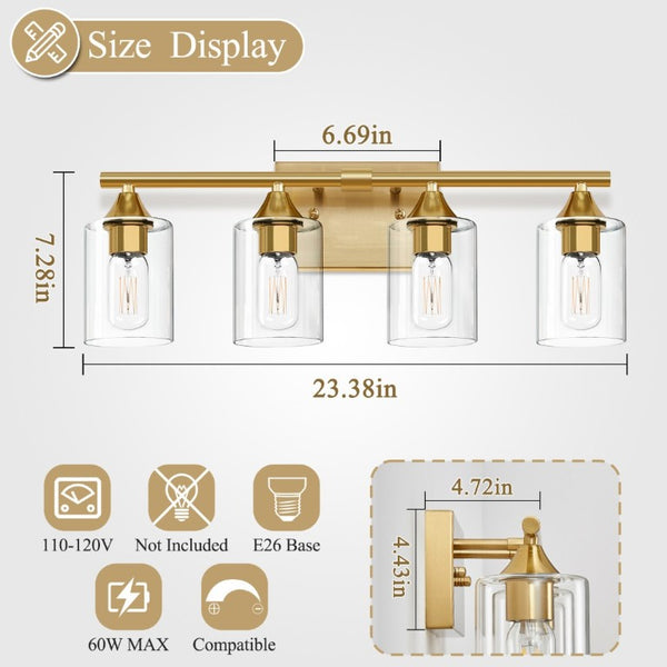 English Elm 4-Light Brushed Nickel Vanity Bar with Clear Cylindrical Shades for Modern Bathrooms Gold W5735P535371