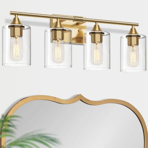 English Elm 4-Light Brushed Nickel Vanity Bar with Clear Cylindrical Shades for Modern Bathrooms Gold W5735P535371