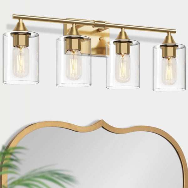 English Elm 4-Light Brushed Nickel Vanity Bar with Clear Cylindrical Shades for Modern Bathrooms Gold W5735P535371