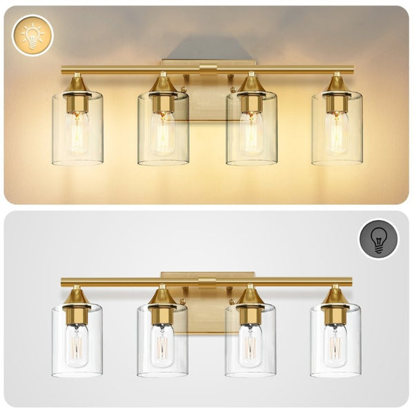 English Elm 4-Light Brushed Nickel Vanity Bar with Clear Cylindrical Shades for Modern Bathrooms Gold W5735P535371