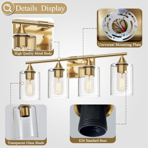 English Elm 4-Light Brushed Nickel Vanity Bar with Clear Cylindrical Shades for Modern Bathrooms Gold W5735P535371