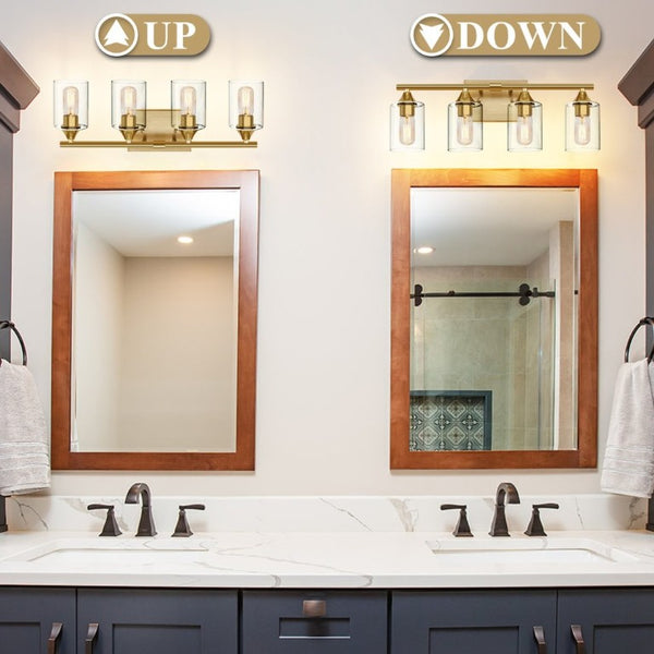 English Elm 4-Light Brushed Nickel Vanity Bar with Clear Cylindrical Shades for Modern Bathrooms Gold W5735P535371