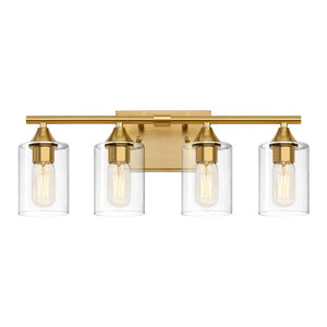 English Elm 4-Light Brushed Nickel Vanity Bar with Clear Cylindrical Shades for Modern Bathrooms Gold W5735P535371